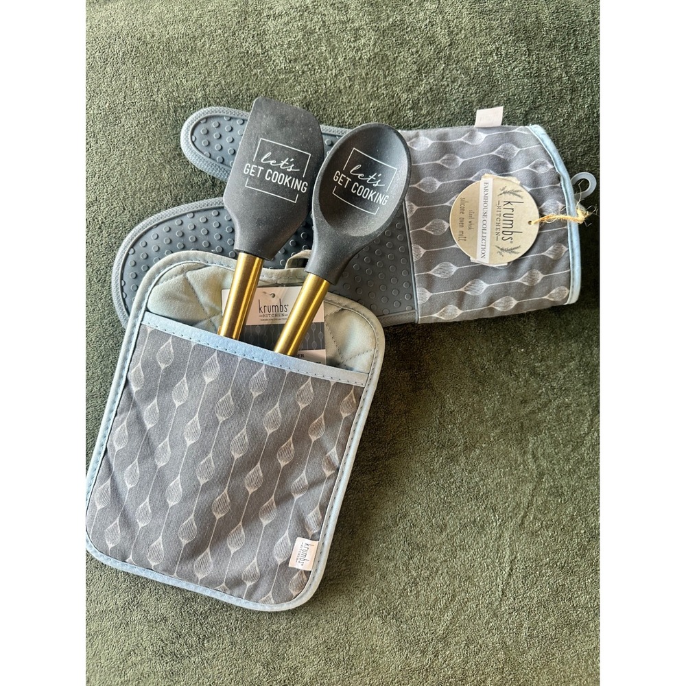 Krumbs Kitchen 4pc Set OS Grey Gold Farmhouse Silicone Oven Mitt Pot Holder